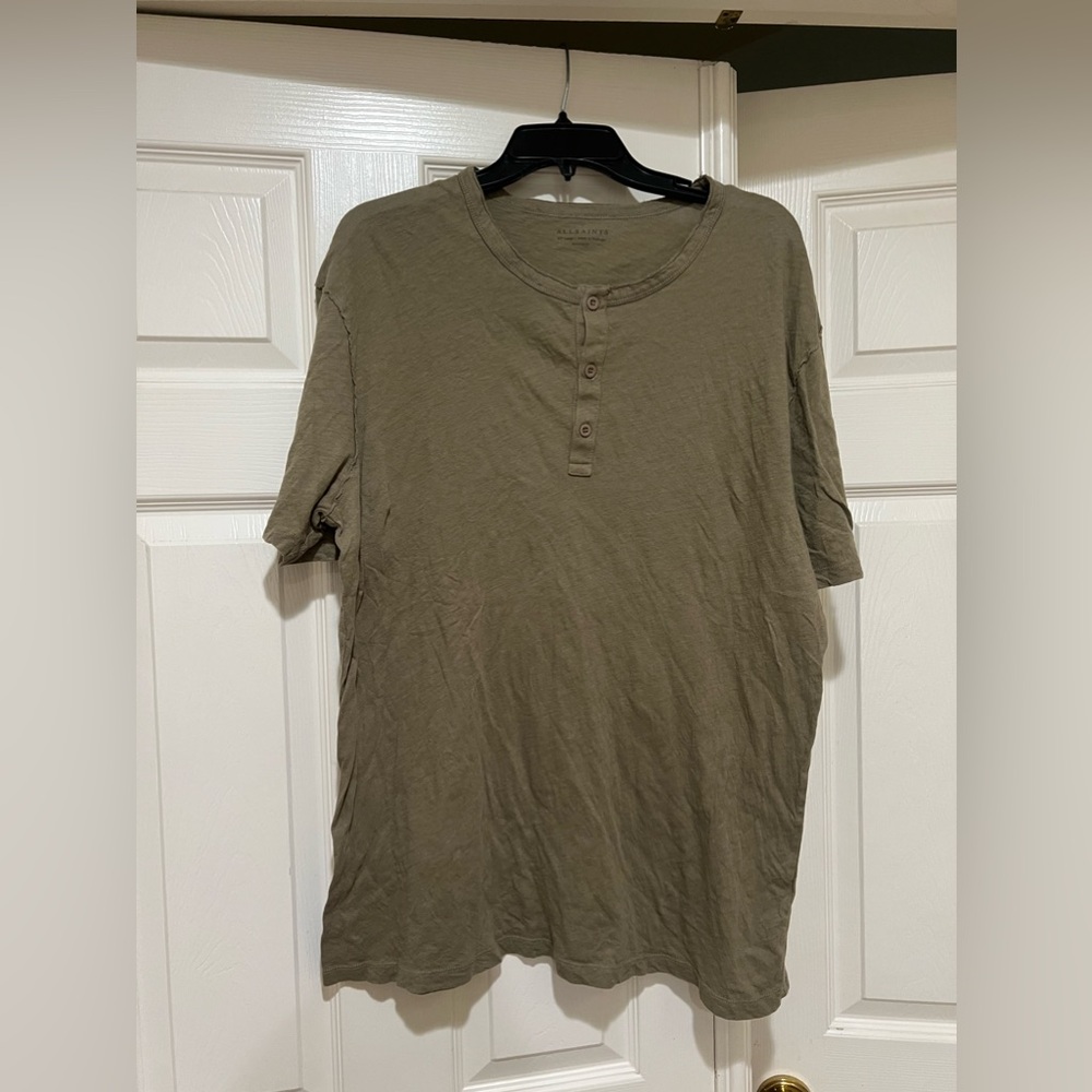 Allsaints Luxury Tee Henley Navy Green Relaxed Fit Casual Men’s Size XXL